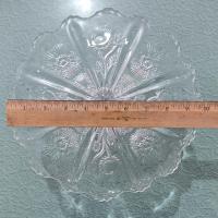 Antique John Higbee Delta Thistle 9 3/4 In Clear Pressed Glass Pedestal Cake Stand with Scalloped Lip, Vintage EAPG Pastry Dessert Plate