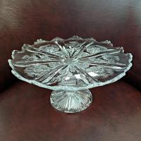 Antique John Higbee Delta Thistle 9 3/4 In Clear Pressed Glass Pedestal Cake Stand with Scalloped Lip, Vintage EAPG Pastry Dessert Plate