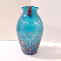 Vintage Dale Tiffany Peacock Blue Favrile Glass Amphora Vase with Copper Flecks and Amethyst Handles