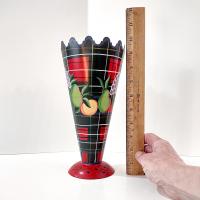 Vintage Jane Keltner Toleware Painted Metal Vase with Fruit and Plaid Design, Signed Keltner Two's Company Tole Cone Vase
