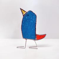 Stained Glass Standing Bird, Funky Glass Bird, Turquoise Aqua Blue and Orange Bird Suncatcher, Windowsill Free Standing Bird