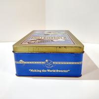 Vintage Tootsie Roll Blue Moonface Making the World Sweeter Tin Box, Retro Rectangular Metal Storage Container