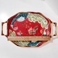 Vintage Hand Painted Tracy Porter The Artesian Road Ceramic Serving Tray Platter, Peacock Floral Design