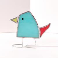 Stained Glass Standing Bird, Funky Glass Bird, Blue and Red Bird Suncatcher, Windowsill Sitter Free Standing Bird