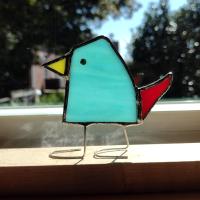 Stained Glass Standing Bird, Funky Glass Bird, Blue and Red Bird Suncatcher, Windowsill Sitter Free Standing Bird