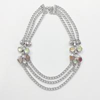 Vintage Silver Toned Triple Chain Statement Necklace with Rhinestones and Dichroic Cabochons, Adjustable Length 21" to 23"