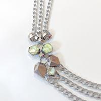 Vintage Silver Toned Triple Chain Statement Necklace with Rhinestones and Dichroic Cabochons, Adjustable Length 21" to 23"