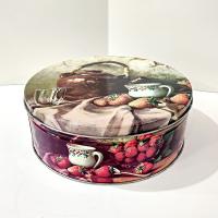 Vintage Robert Chailloux Regal Tea Large Round Cookie Tin, Tea Kettle and Strawberries 10 Inch Metal Tin Storage Container