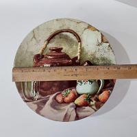 Vintage Robert Chailloux Regal Tea Large Round Cookie Tin, Tea Kettle and Strawberries 10 Inch Metal Tin Storage Container