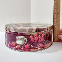 Vintage Robert Chailloux Regal Tea Large Round Cookie Tin, Tea Kettle and Strawberries 10 Inch Metal Tin Storage Container