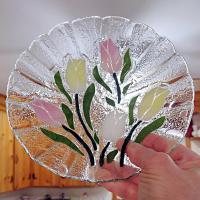Vintage Sydenstricker Fused Glass Ruffled Floral Tulip Bowl, Pink Yellow White Tulips Bowl