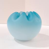 Antique Victorian Blue Ombre Satin Glass Rose Bowl, Light Blue Crimped Ruffled Round Vase, UV Reactive Uranium Glass