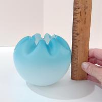 Antique Victorian Blue Ombre Satin Glass Rose Bowl, Light Blue Crimped Ruffled Round Vase, UV Reactive Uranium Glass