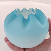Antique Victorian Blue Ombre Satin Glass Rose Bowl, Light Blue Crimped Ruffled Round Vase, UV Reactive Uranium Glass