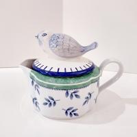 Vintage Villeroy and Boch Switch 3 Country Collection Gravy Pitcher with Blue Bird Lid, German Porcelain Gravy Boat