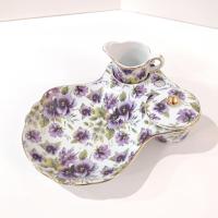 Vintage Purple Violets Floral Tea Cup Holder Plate with Creamer and Sugar Bowl, Victorian Style Porcelain Tea Set