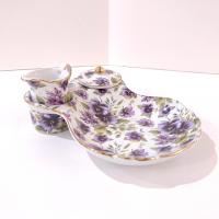 Vintage Purple Violets Floral Tea Cup Holder Plate with Creamer and Sugar Bowl, Victorian Style Porcelain Tea Set