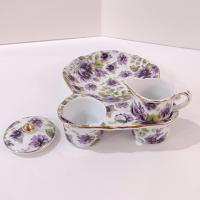 Vintage Purple Violets Floral Tea Cup Holder Plate with Creamer and Sugar Bowl, Victorian Style Porcelain Tea Set