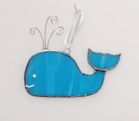 Stained Glass Beluga Whale Suncatcher, Blue and White Swirled Glass Fish