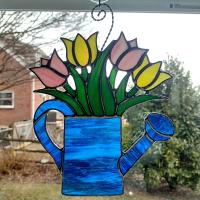 Stained Glass Tulips in Watering Can Suncatcher, Pink and Yellow Tulips Bouquet