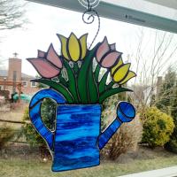 Stained Glass Tulips in Watering Can Suncatcher, Pink and Yellow Tulips Bouquet