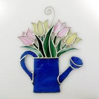 Stained Glass Tulips in Watering Can Suncatcher, Pink and Yellow Tulips Bouquet