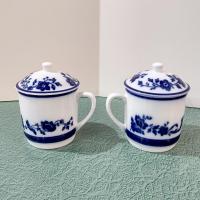 Vintage Williams Sonoma Flow Blue Floral Mugs with Lids, Set of Two