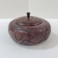 Vintage African Carved Wooden Round Trinket Box with Elephant, Rhino, and Hippo, Safari Animal Wood Container with Lid