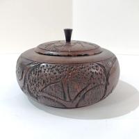 Vintage African Carved Wooden Round Trinket Box with Elephant, Rhino, and Hippo, Safari Animal Wood Container with Lid