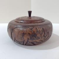 Vintage African Carved Wooden Round Trinket Box with Elephant, Rhino, and Hippo, Safari Animal Wood Container with Lid