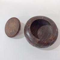 Vintage African Carved Wooden Round Trinket Box with Elephant, Rhino, and Hippo, Safari Animal Wood Container with Lid