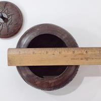 Vintage African Carved Wooden Round Trinket Box with Elephant, Rhino, and Hippo, Safari Animal Wood Container with Lid