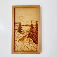 Vintage Wood Burned Etched Wooden Animal Mountain Landscape Wall Hanging, Finnish Wood Art