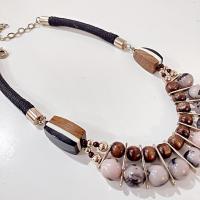 Vintage Wooden Beaded, Rope, and Gold Toned Brown Black Tan Chico's Statement Necklace