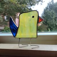 Stained Glass Standing Bird, Funky Yellow and Blue Glass Bird Suncatcher, Bird Lover Gift, Windowsill Sitter