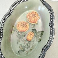 Antique Schumann Bavaria Germany Large Oval Porcelain Serving Bowl with Reticulated Lattice Edge, Yellow Rose Design Dish