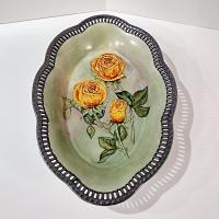 Antique Schumann Bavaria Germany Large Oval Porcelain Serving Bowl with Reticulated Lattice Edge, Yellow Rose Design Dish