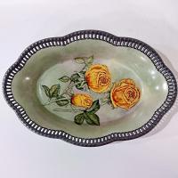 Antique Schumann Bavaria Germany Large Oval Porcelain Serving Bowl with Reticulated Lattice Edge, Yellow Rose Design Dish