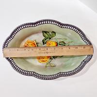 Antique Schumann Bavaria Germany Large Oval Porcelain Serving Bowl with Reticulated Lattice Edge, Yellow Rose Design Dish