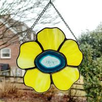 Stained Glass Yellow Pansy Flower with Blue Dyed Agate Geode Center