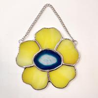 Stained Glass Yellow Pansy Flower with Blue Dyed Agate Geode Center