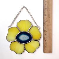 Stained Glass Yellow Pansy Flower with Blue Dyed Agate Geode Center