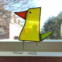 Stained Glass Standing Bird, Funky Glass Bird, Yellow and Green Bird Suncatcher, Windowsill Free Standing Bird