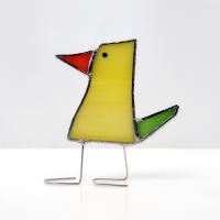 Stained Glass Standing Bird, Funky Glass Bird, Yellow and Green Bird Suncatcher, Windowsill Free Standing Bird
