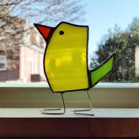 Stained Glass Standing Bird, Funky Glass Bird, Yellow and Green Bird Suncatcher, Windowsill Free Standing Bird
