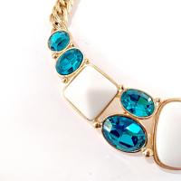 Vintage Yves Saint Laurent Crescent Moon Necklace, YSL Aqua Blue Jewel and White Resin Cabochons with Gold Tone Wheat Link Chain