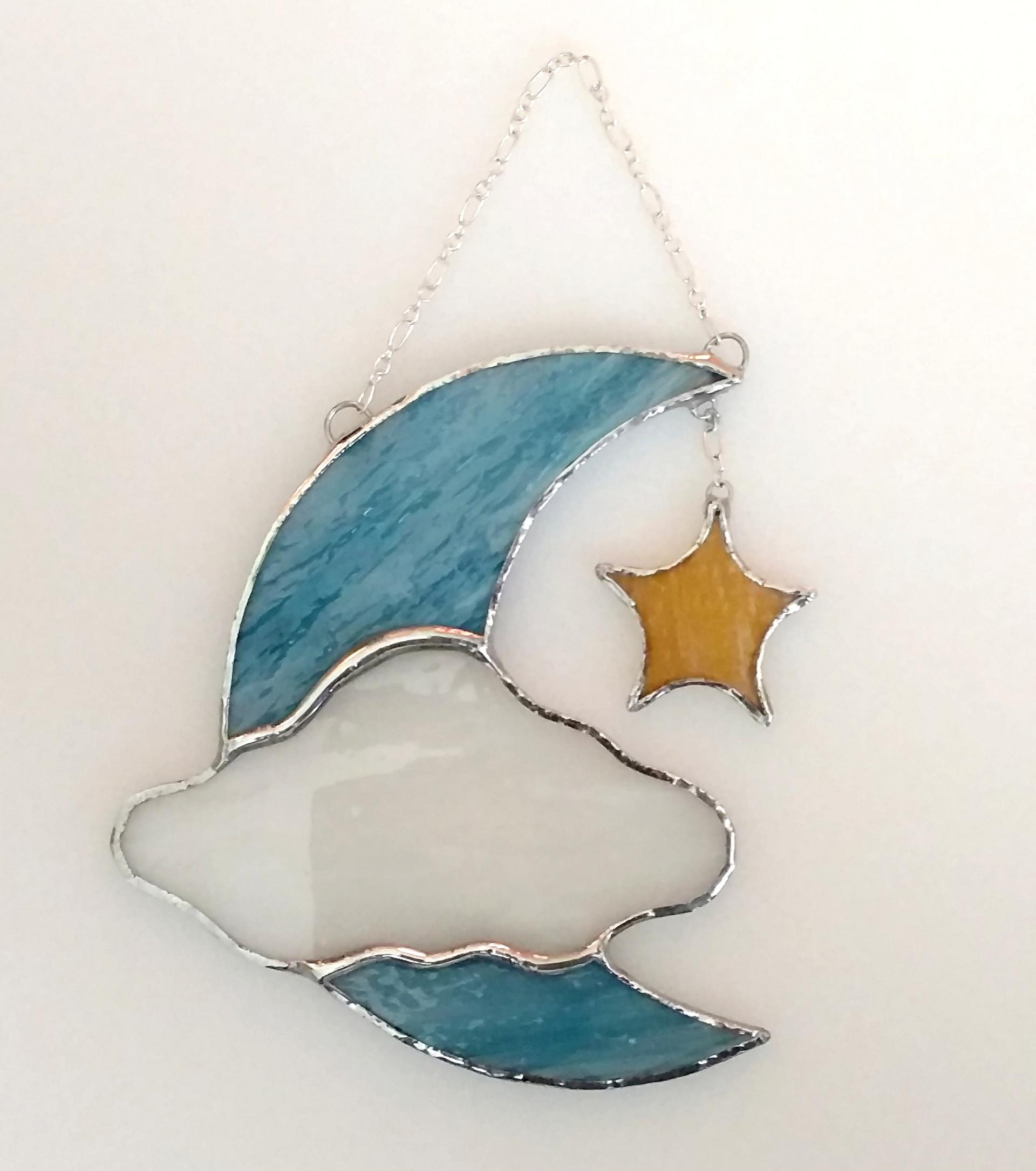 Moon, Cloud, and Star Stained Glass Suncatcher
