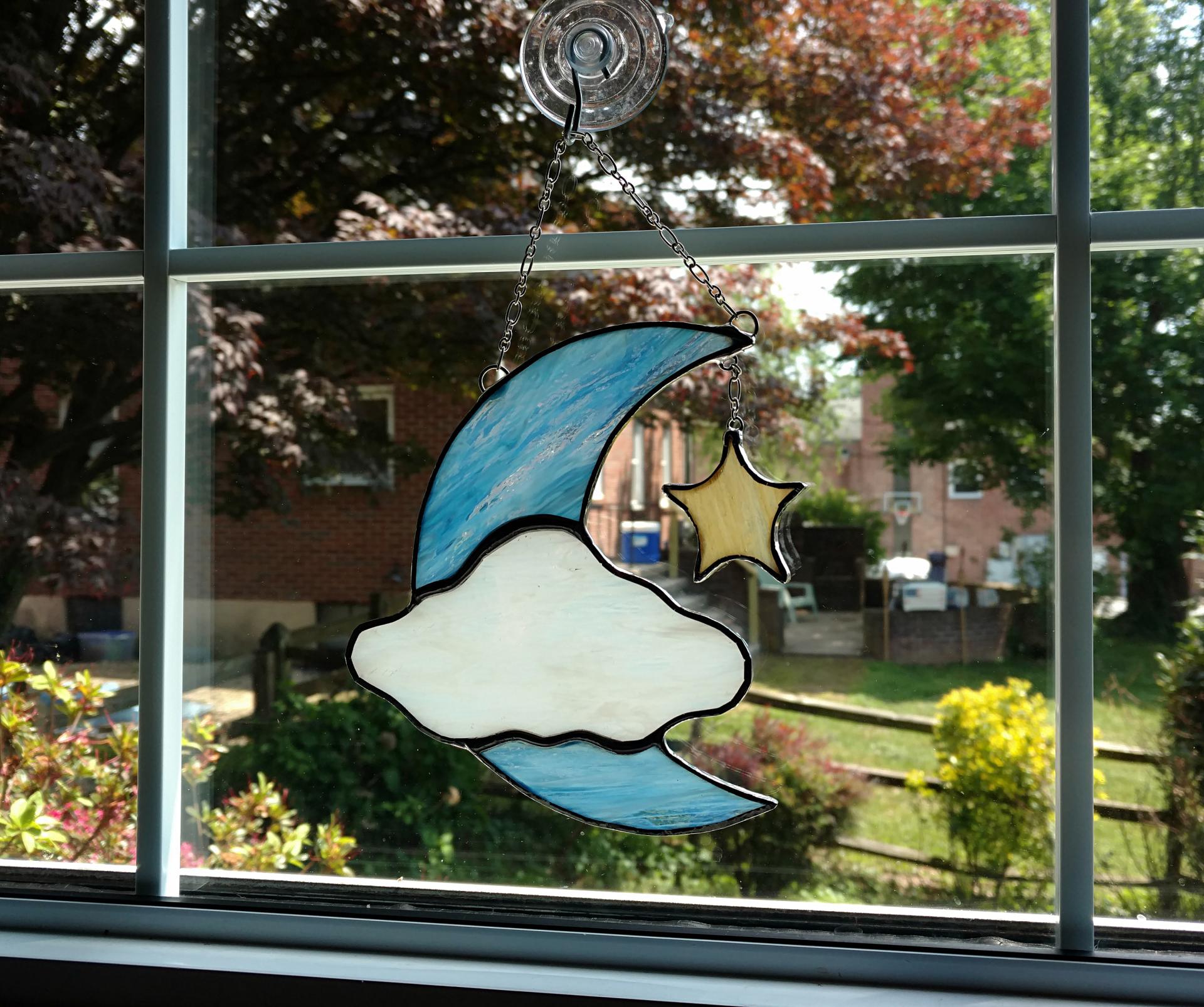 Moon, Cloud, and Star Stained Glass Suncatcher