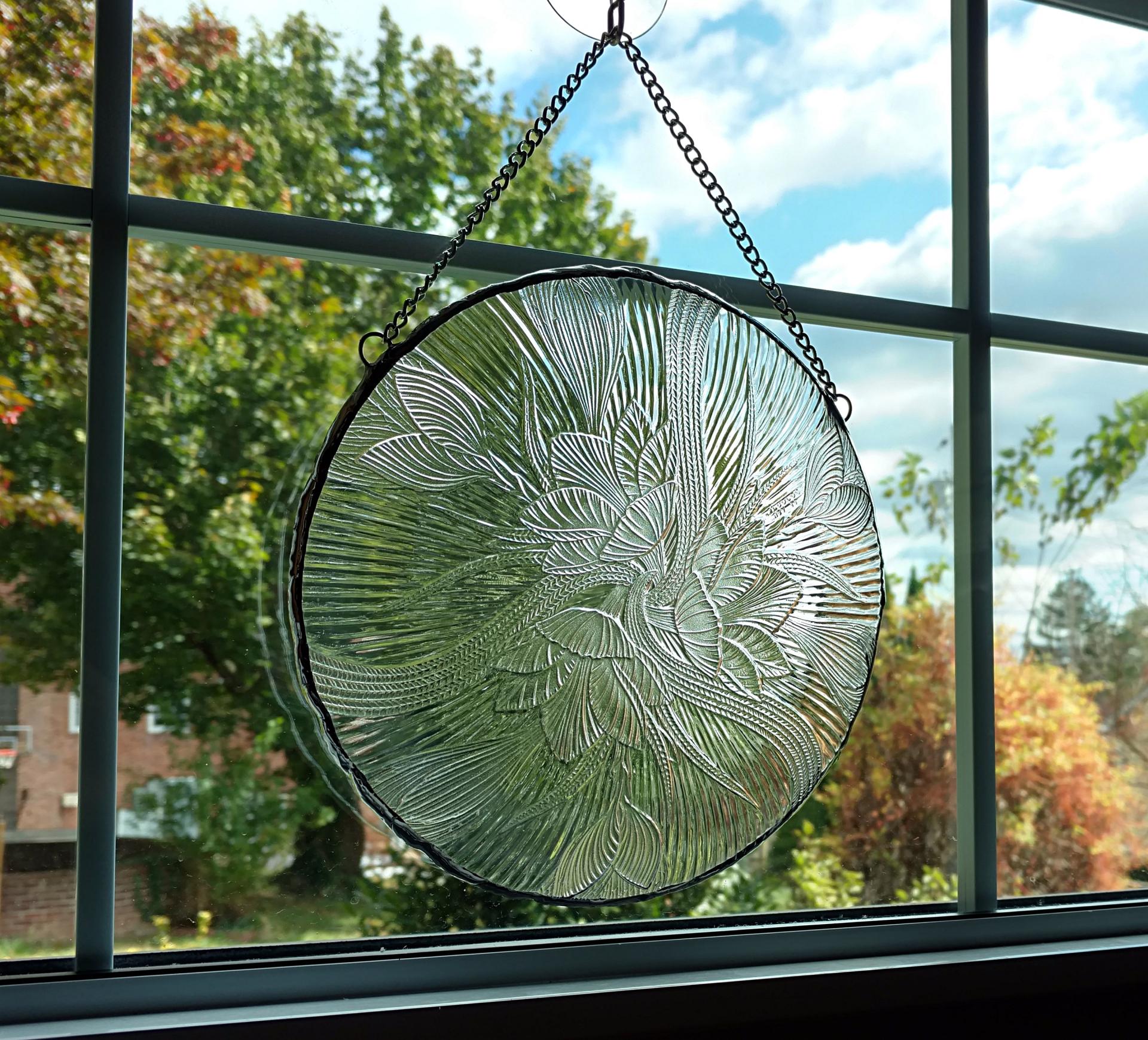 Vintage Glass Plate Window Hanging, Arcoroc Canterbury Pattern