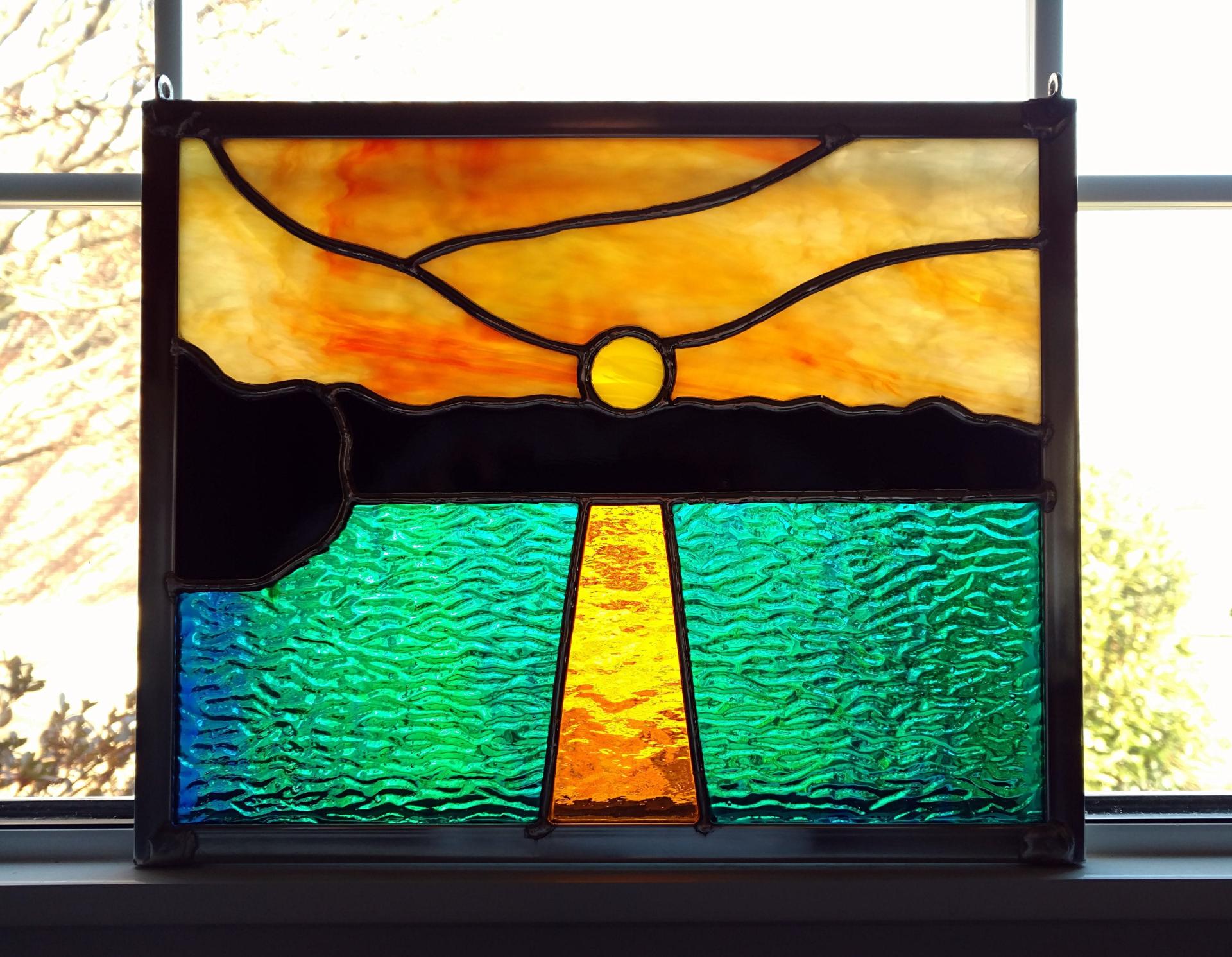 Ocean Sunset Stained Glass Window Panel
